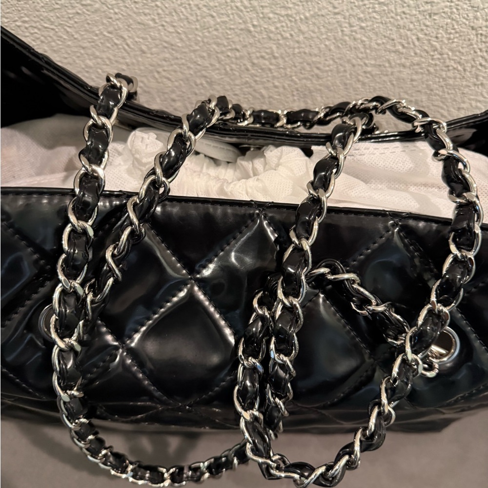 Chanel Black Quilted  Patent Leather Tote with Chain Shoulder Straps - Picture 11 of 13
